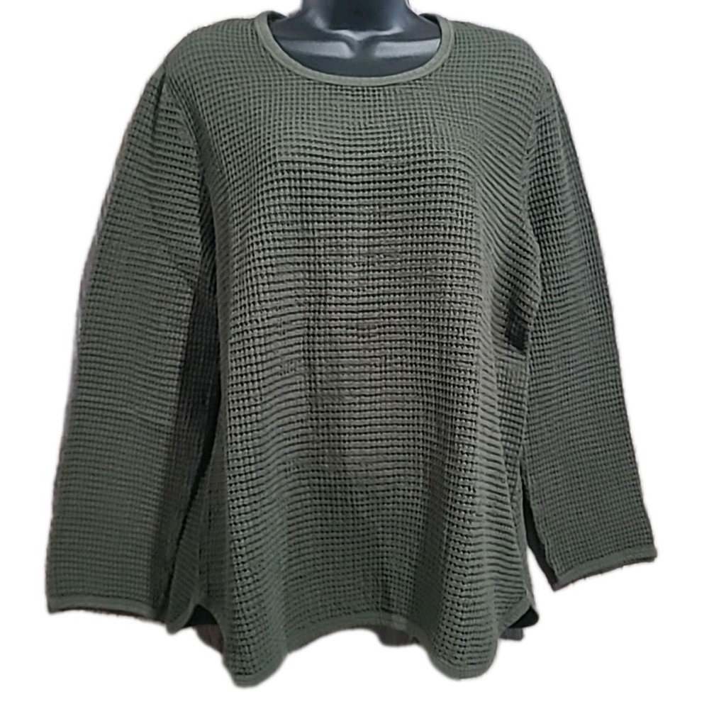 FOCUS Olive Green Waffle Knit Shirt Size L Long Sleeve Round Neck Relaxed Fit